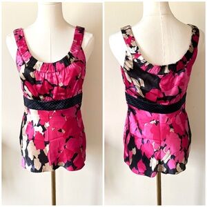 Monsoon 100% Silk Pink & Blue Y2K Style Abstract‎ Print Babydoll Sleeveless Top